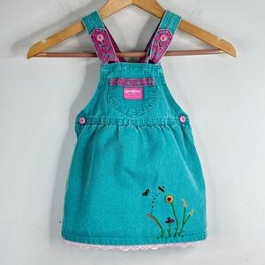 VTG 90s Oshkosh Overall Dress 4T Hand Embroidered Polka Dot Paper Tag USA Floral